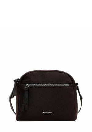 Black nylon crossbody bag with rounded shape, silver zipper detail, and logo accent. Features adjustable strap and fringe zipper pulls.