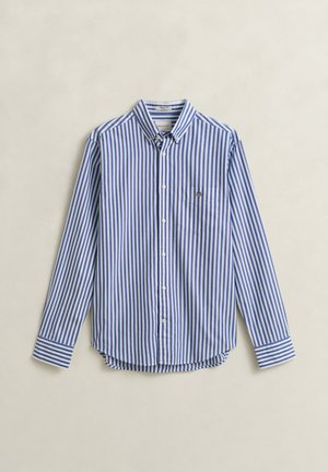 Men’s long-sleeve button-up shirt with blue and white vertical stripes and chest pocket with small logo.