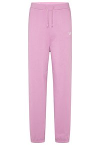 Lichtroze joggerbroeken van zacht katoen. Voorzien van een elastische tailleband met trekkoord, gebonden enkels en een klein merkje op de voorkant.