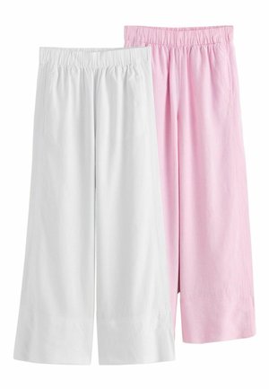 Two pairs of elastic waist wide-leg pants, one in white and one in light pink, shown flat on a white background.