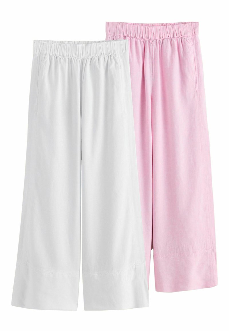 Deux pantalons à jambes larges avec taille élastique, un en blanc et un en rose clair, présentés à plat sur un fond blanc.