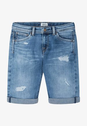 Hellblaue Jeansshorts mit Used-Effekt, umgeschlagenen Säumen und Fronttaschen. Das Material ist weich und hat eine klassische Jeansstruktur.