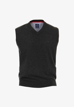 Grå ærmeløs sweater med V-hals. Fremstillet af blødt materiale, har en stribet inderside og et lille logo nær kanten. Klassisk pasform.