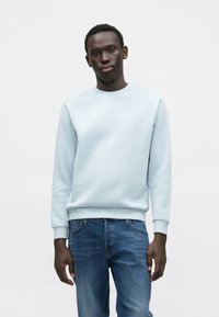 Lichtblauwe trui met een ronde hals, geribbelde manchetten en zoom. Gecombineerd met klassieke blauwe spijkerbroek. Eenvoudig en minimalistisch ontwerp.