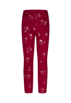 Leggings rouges pour enfants avec des illustrations de chevaux dorés réparties uniformément sur le tissu.