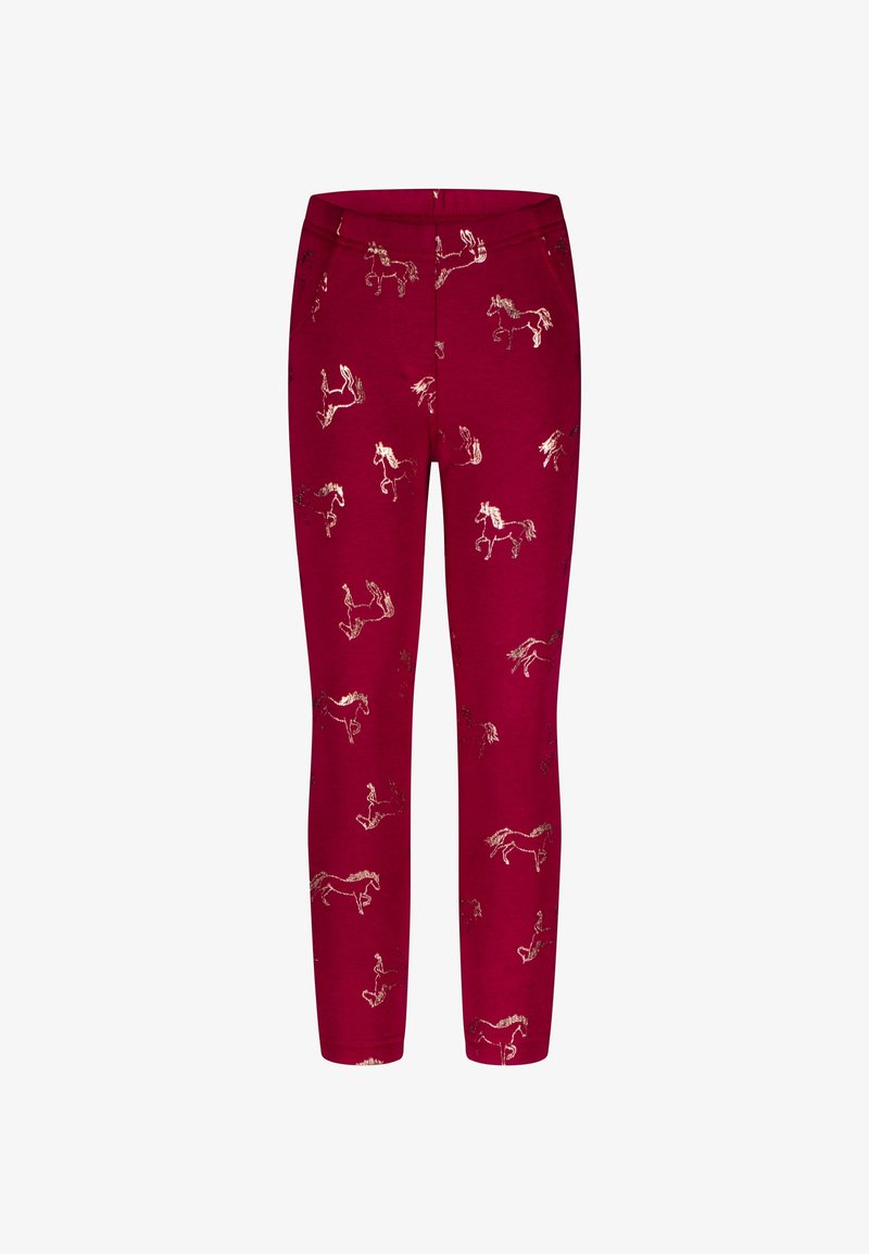 Leggings rouges pour enfants avec des illustrations de chevaux dorés réparties uniformément sur le tissu.