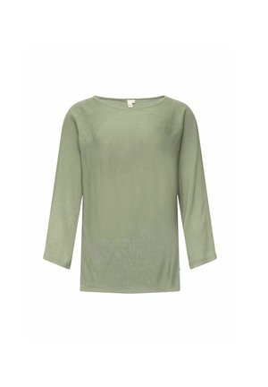 Hellgrünes Langarmshirt mit weitem Ausschnitt und strukturiertem Strickstoff. Mit geradem Saum und gerippten Bündchen.