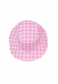 Chapeau seau en vichy rose avec une couronne arrondie, un large bord et un tissu léger. Le motif à carreaux alterne entre des carrés roses et blancs.