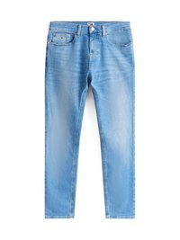Jeans din denim slim-fit de culoare albastru deschis, cu buzunare frontale, bucle pentru curea și un efect de decolorare subtil pe coapse.