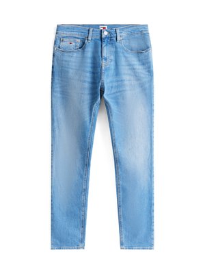 Jeans en denim bleu clair à coupe slim avec poches avant, passants de ceinture et décoloration subtil sur les cuisses.
