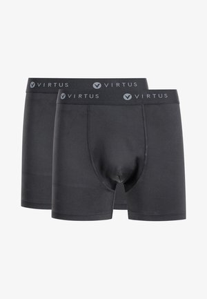 Schwarze Männer-Boxershorts mit glatter Textur, ausgestattet mit einem breiten, elastischen Taillenbund, der mit "VIRTUS" in Grau beschriftet ist, und einem eng anliegenden Design. Zwei Paare abgebildet.