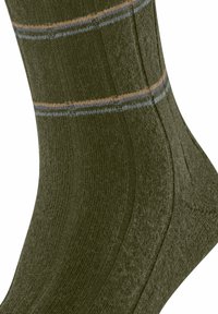 Calzino verde oliva con texture a coste, caratterizzato da strisce orizzontali blu e arancioni. Il design include un tallone e una punta rinforzati.