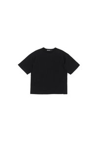 Maglietta nera a maniche corte con scollo rotondo, maniche raglan e una superficie liscia. Presenta un design semplice e minimalista.