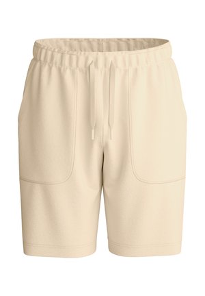 Beige Shorts mit elastischem Bund, vorderen aufgesetzten Taschen und Kordelzugverschluss.