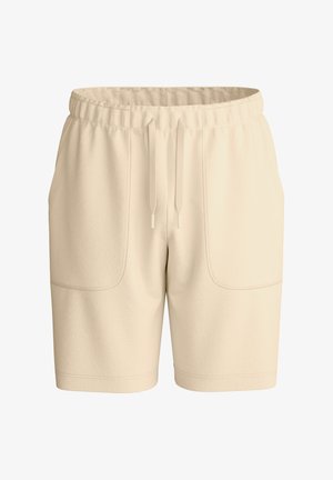 Beige Shorts mit elastischem Bund, vorderen aufgesetzten Taschen und Kordelzugverschluss.