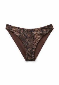 Bikini spodní díl s hnědým hadím vzorem, který se vyznačuje hladkým povrchem, vysokými bočnými střihy a kontrastní vnitřní podšívkou v jednotné hnědé barvě.