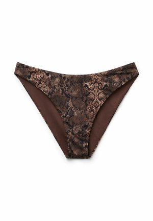 Brown snake-print bikini bottom featuring a smooth texture, high-cut sides, and a contrasting solid brown interior lining.
