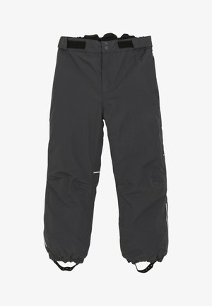 Pantaloni da neve neri impermeabili con vita elastica, chiusura in Velcro, polsini arricciati e dettagli riflettenti sui lati.