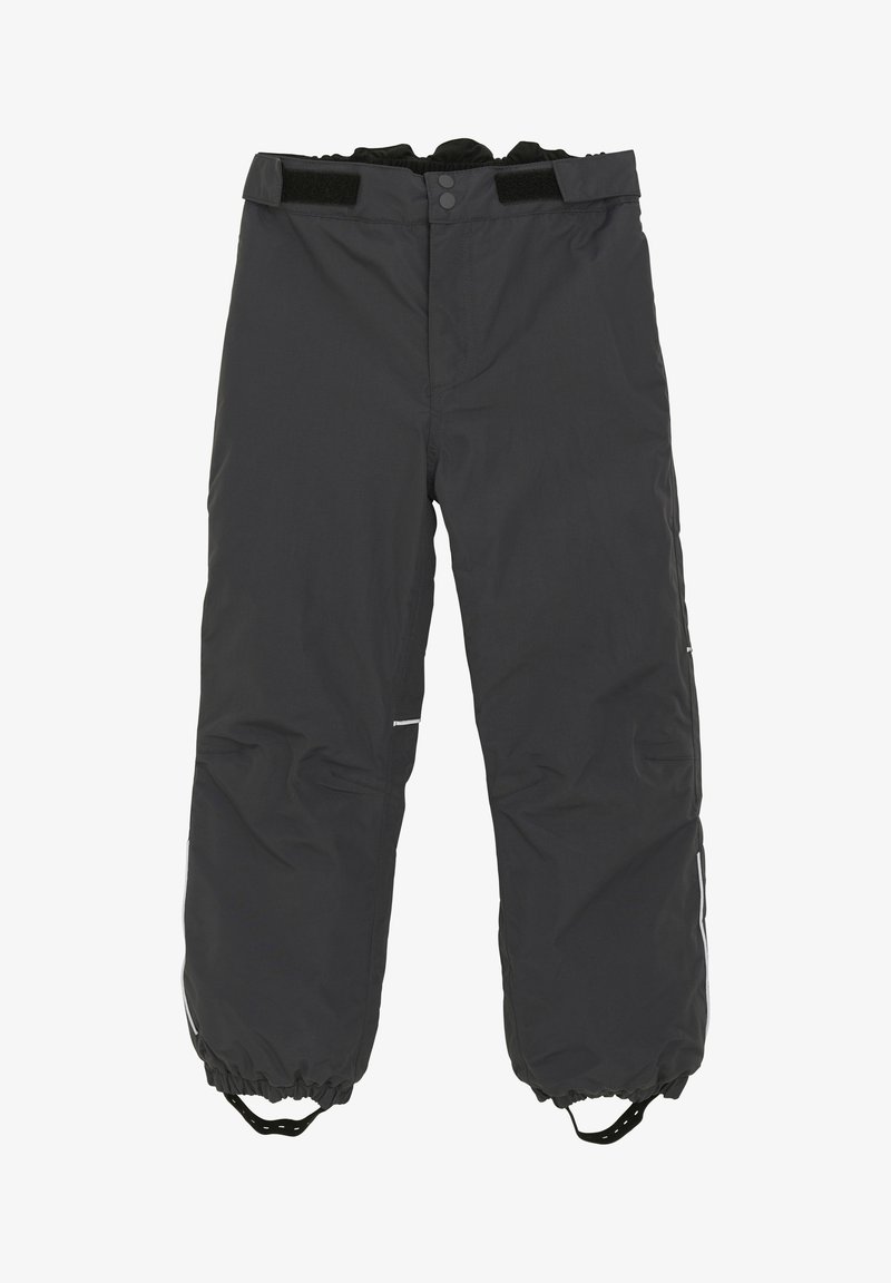 Svarta vattentäta snöbyxor med elastisk midja, kardborreknäppning, cinchade mudd och reflekterande detaljer på sidorna.