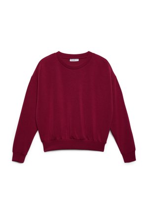 Weinrotes Sweatshirt mit rundem Ausschnitt, überschnittenen Schultern und einem gerafften Saum. Hergestellt aus weichem Stoff mit glatter Textur.