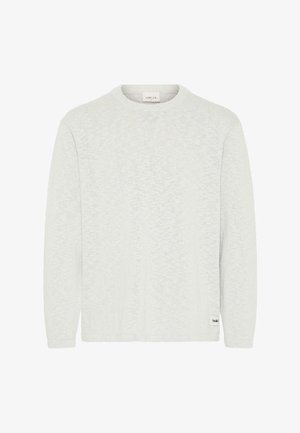 Helehall hall piklike kaelusega pikkade varrukatega kootud kampsun, millel on tekstuuriga kangas ja väike brändi silt vasaku külje ääres.