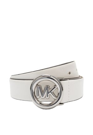 White leather belt with round silver buckle featuring raised "MK" logo, coiled against a white background.