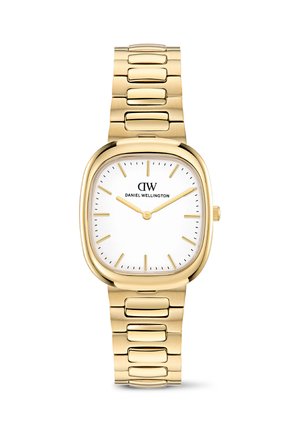 Reloj de pulsera metálico de color dorado con esfera cuadrada blanca, marcadores de hora dorados minimalistas y agujas doradas que muestran las 10:10, logo de Daniel Wellington centrado.