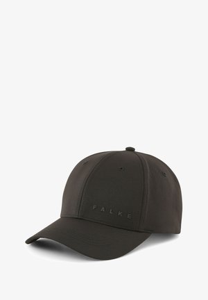 Cappellino da baseball nero realizzato in tessuto liscio, con visiera leggermente curvata e il nome del marchio "FALKE" impresso sul davanti.