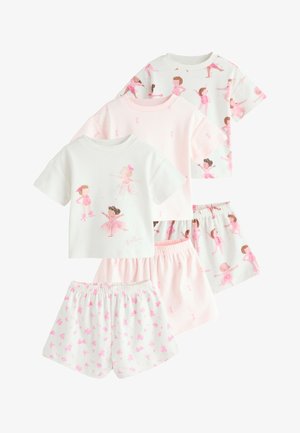 Drei Sets aus weißen und hellrosa Kinderpyjamas mit kurzen Ärmeln und Shorts, mit Ballerina- und Blumenmustern in Rosatönen.