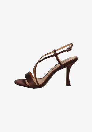 Sandalo marrone con listini, tacco alto, punta aperta, cinturino alla caviglia con fibbia e tacco a stiletto sottile.
