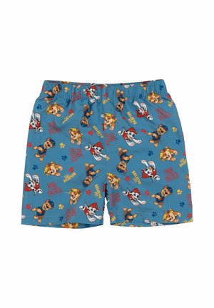 Blue children’s shorts with Paw Patrol cartoon characters and colorful paw prints all over the fabric.