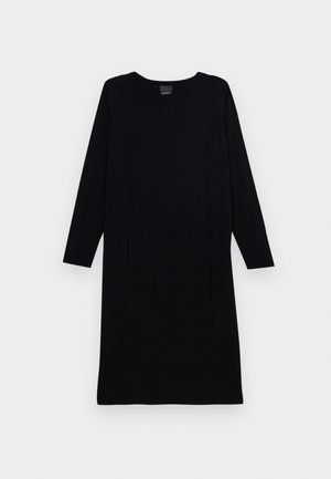 Black knitted dress with long sleeves, crew neckline, and vertical ribbed texture. Simplistic design, knee-length, with solid color.