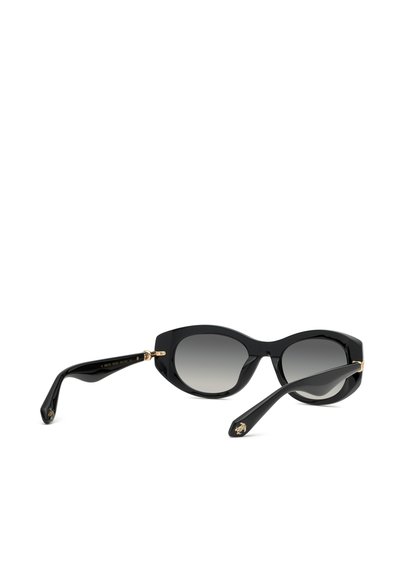Lunettes de soleil ovales noires avec verres gris dégradés et accents décoratifs dorés sur les bouts de branches et les charnières.