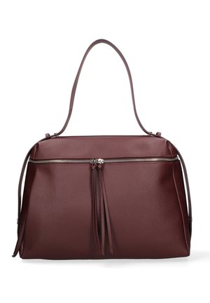 Borsa in pelle marrone scuro con una tracolla singola, zip orizzontale argentata e due nappine in pelle appese alla zip.