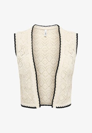 Gebreide mouwloze vest in crème met een ruitpatroon en zwarte afwerking langs de halslijn en zoom. Open voorkant ontwerp, textuurstof.