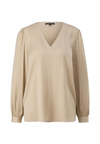 Blouse beige à manches longues avec col en V, épaules froncées et poignets boutonnés, design uni, fabriquée en tissu lisse.