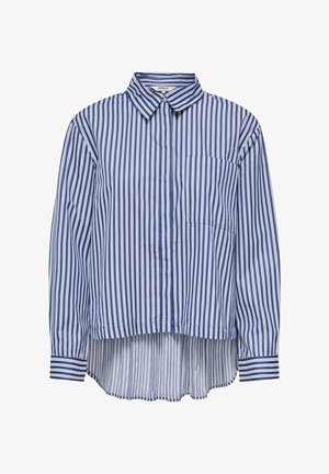 Blue and white striped shirt with a collar, long sleeves, front pocket, and a slightly longer back hem. Made of lightweight fabric.