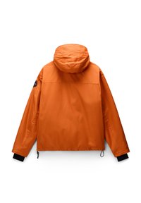 Orange waterproof jacket with a hood, featuring a rounded back, elastic cuffs, and a logo patch on the left shoulder.