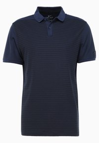 Marineblå polo t-shirt i strukturerad väv med horisontellt randmönster, med krage och korta ärmar.