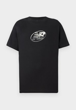 Black cotton t-shirt featuring a shiny silver oval logo with a stylized "N" and "B" in the center. Short sleeves, standard fit.