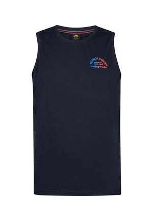 Maglietta senza maniche color blu navy realizzata in tessuto morbido, con un logo colorato con il testo "Petrolindoo" e frasi in colori contrastanti.