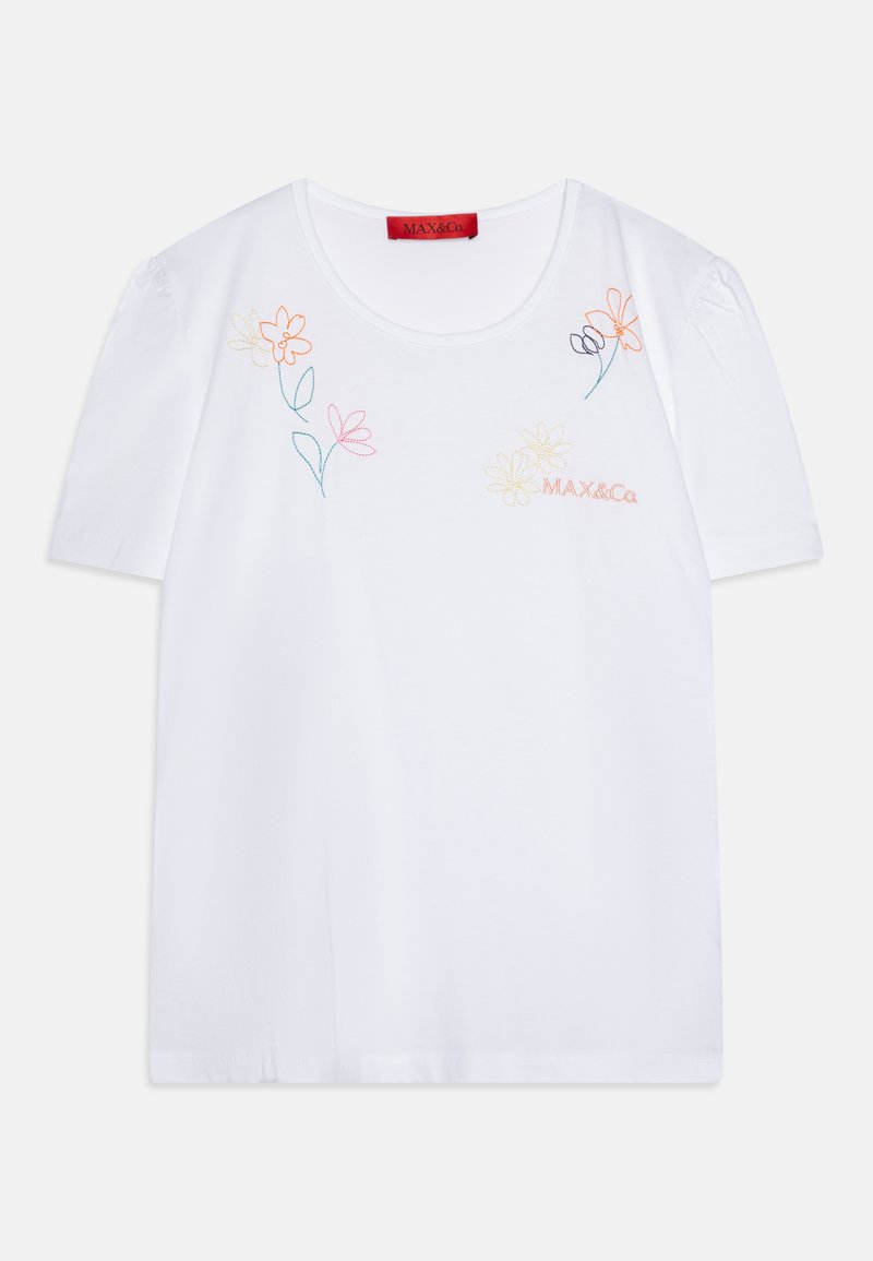 Balta īsā piedurkņu T-kreklā ar ziedu izšuvumiem pasteļtoņos priekšpusē, un "MAX&Co" izšūts oranžā krāsā. Mīksts kokvilnas audums.