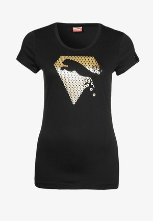 Musta t-paita, joka on valmistettu puuvillasta, ja jossa on kultaiset paljetit, jotka esittävät uimaria timantin muodossa. Lyhyet hihat ja pyöreä kaula-aukko.