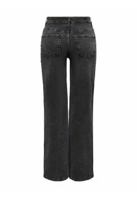 Črne široke jeans hlače z srednje visokim pasom, ki imajo dva zadnja žepa in mehak denim material. Oblikovanje vključuje subtilne šive.