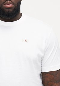 Weißes Baumwoll-T-Shirt mit rundem Halsausschnitt und kurzen Ärmeln. Kleines CK-Logo-Fähnchen in einem rechteckigen Patch auf der Brust.