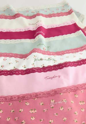 Colorful cotton fabric with floral patterns and embroidered day labels. Features lacy trims in various hues, arranged in horizontal stripes.