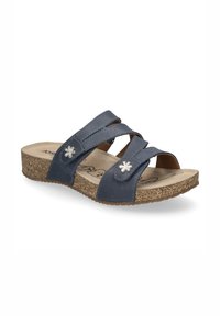 Sandalo blu navy con tre cinghie incrociate e dettagli floreali. Suola simile a sughero, punta arrotondata e soletta testurizzata per il comfort.