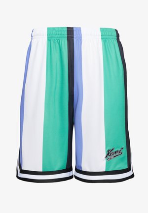 Bañador de hombre con rayas verticales en verdes, azules, blancas y negras. Confeccionado con tela de malla ligera y cintura elástica.