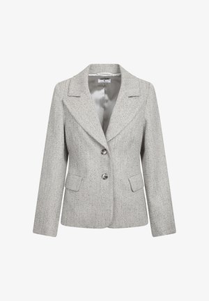 Lys grå fiskebensblazer med slagkrage, to frontlommer og to-knaps lukking; glatt fôr står i kontrast til det teksturerte stoffet.
