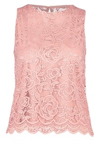 Růžový krajkový top bez rukávů s květinovým vzorem, vroubkovaným lemem a zapínáním na zádech ve tvaru klíčové dírky. Vyrobený z lehké látky s texturovaným povrchem.
